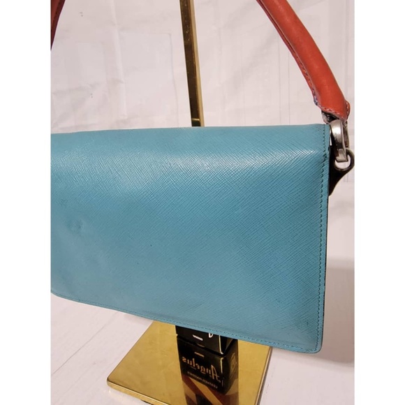 Authentic Prada Saffiano Sound Lock Pochette Shoulder Bag Orange/Blue - Picture 5 of 16